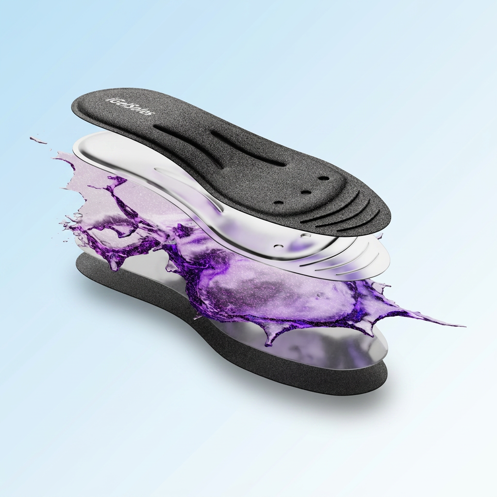 iGelSoles cutaway with feature callouts — moisture wicking, non-toxic glycerin, sealed polymer